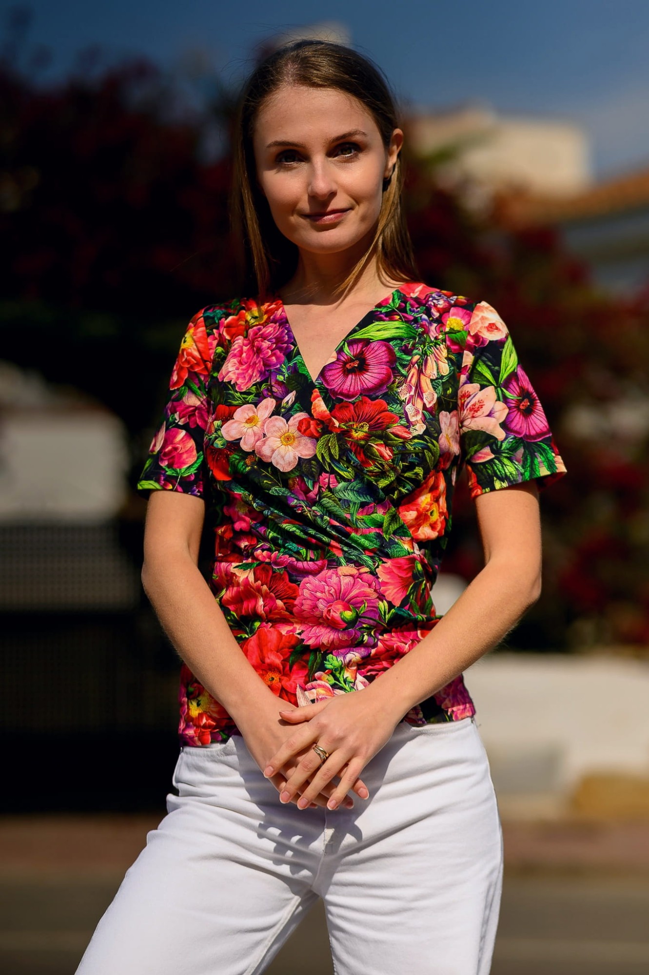 Bluzka kopertowa krótki rękaw - Kwitnąca Hiszpania