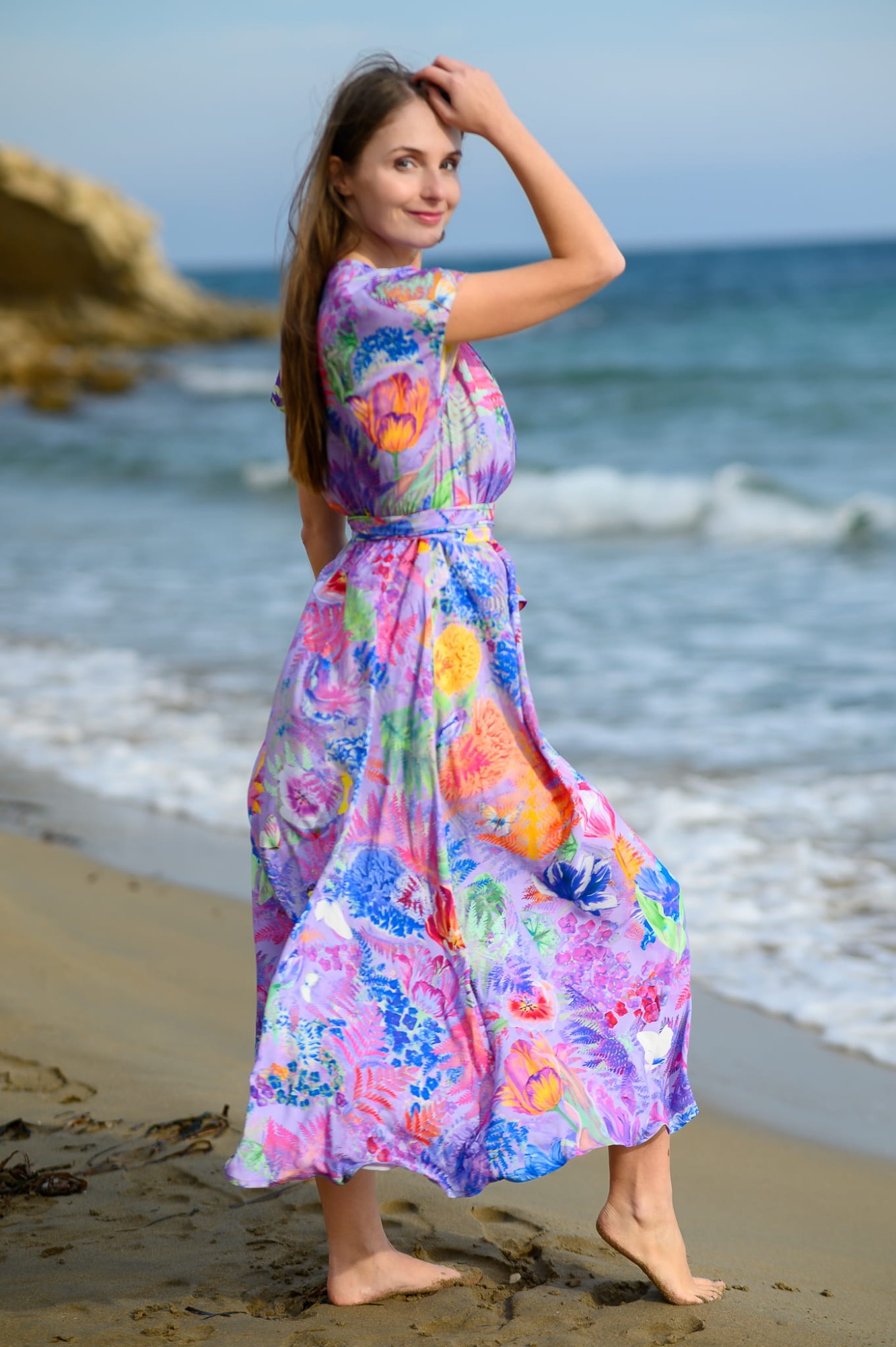 Sukienka Kimono MIDI -  Paprocie lilaróż