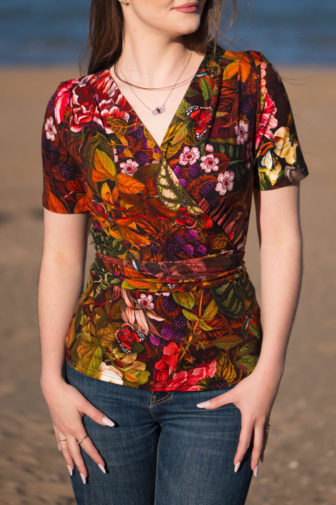 Bluzka kopertowa krótki rękaw - Burgundowy gaj