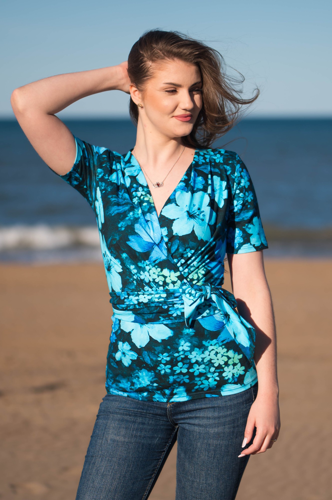 Bluzka kopertowa krótki rękaw - Niebiańska łąka