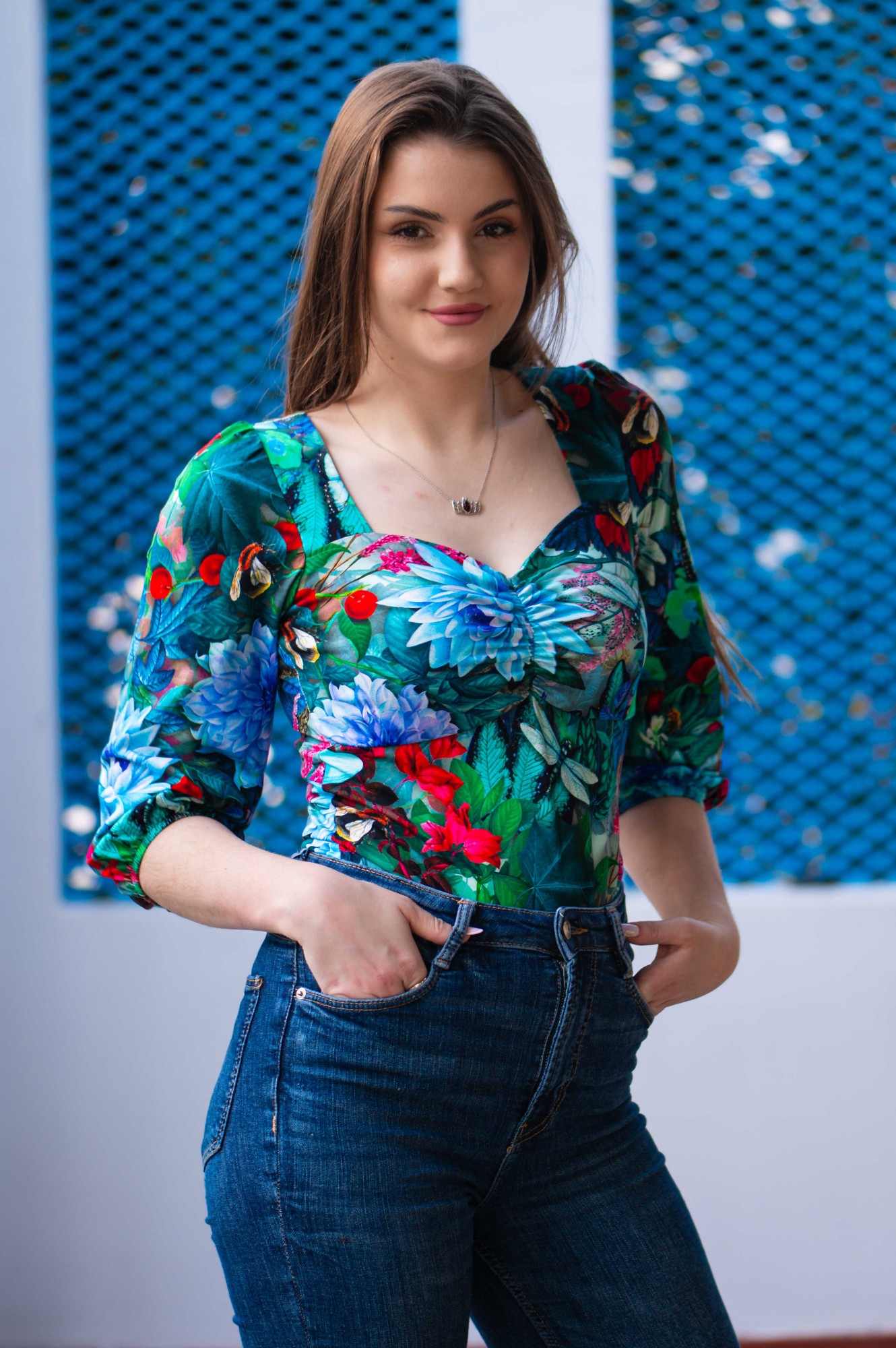 Bluzka bawełniana HEART - Błękitne astry