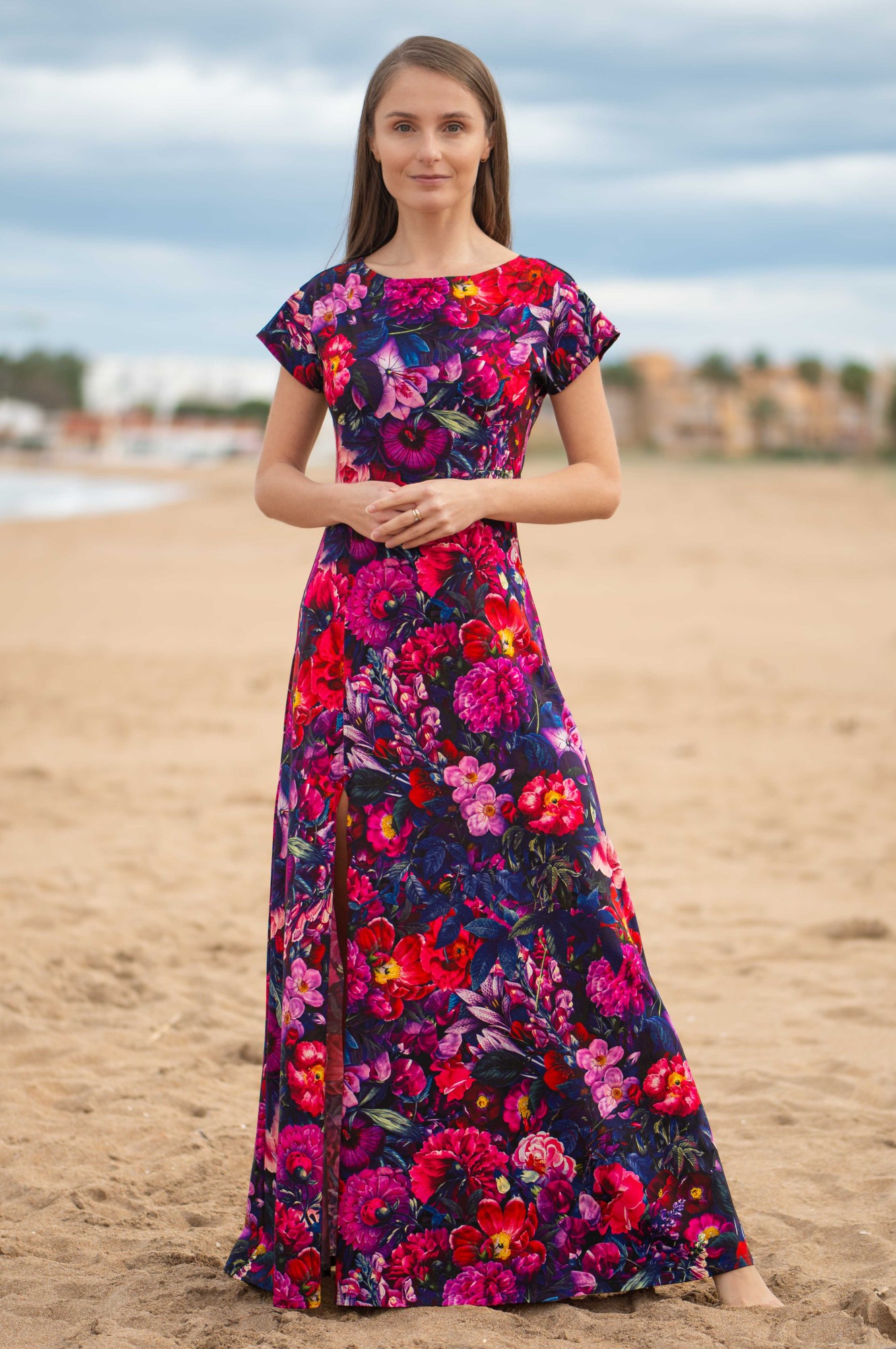 Sukienka MAXI z dekoltem w łódkę - Vibrant Purple