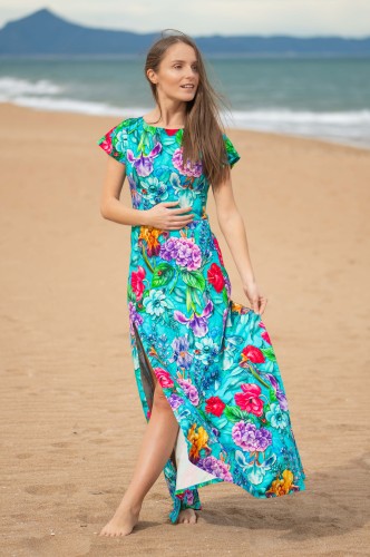 Sukienka MAXI z dekoltem w łódkę - Zaczarowany turkus