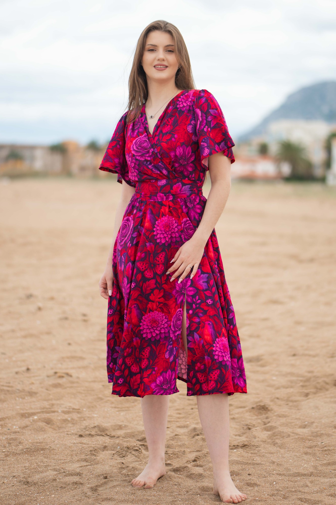 Sukienka taliowana MIDI rękaw klosz - Magenta