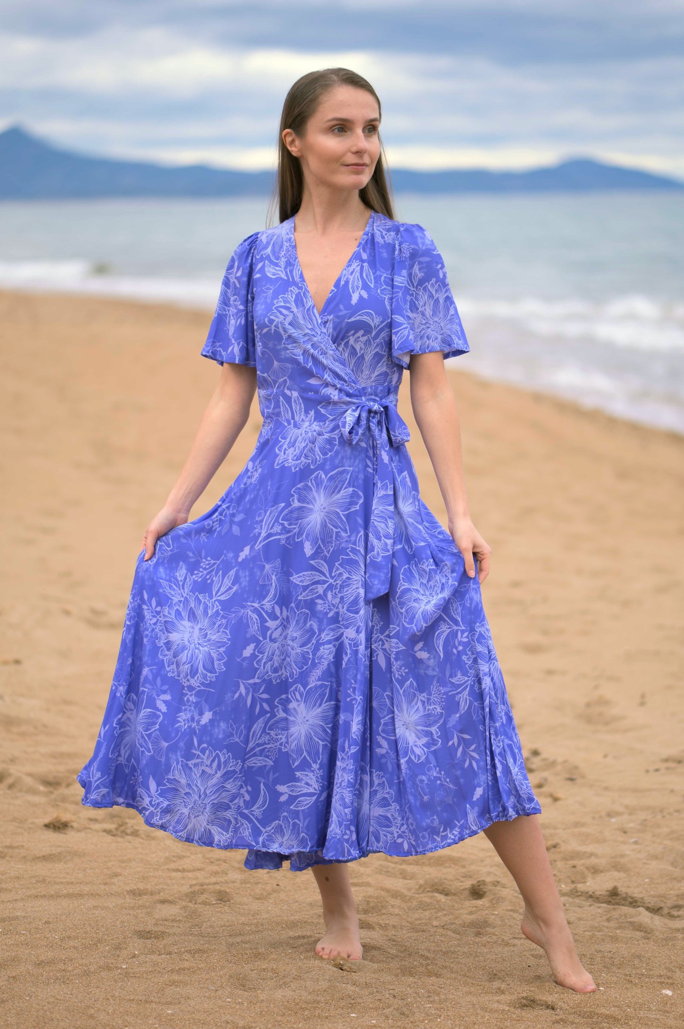 Sukienka wiązana Midi krótki rękaw - Lawendowy szept