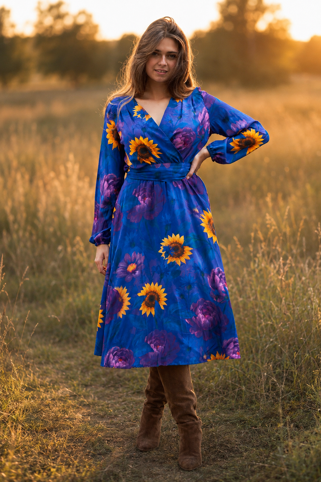 Sukienka taliowana MIDI długi rękaw - Evening Sunflowers