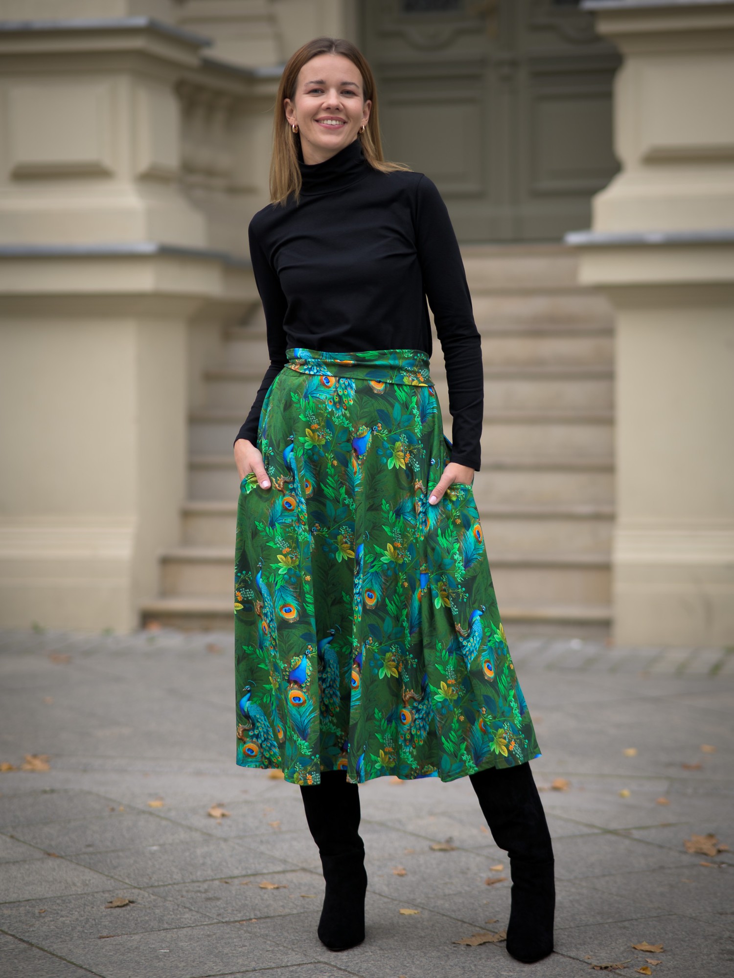 Spódnica MIDI bawełna - Zielone pawie